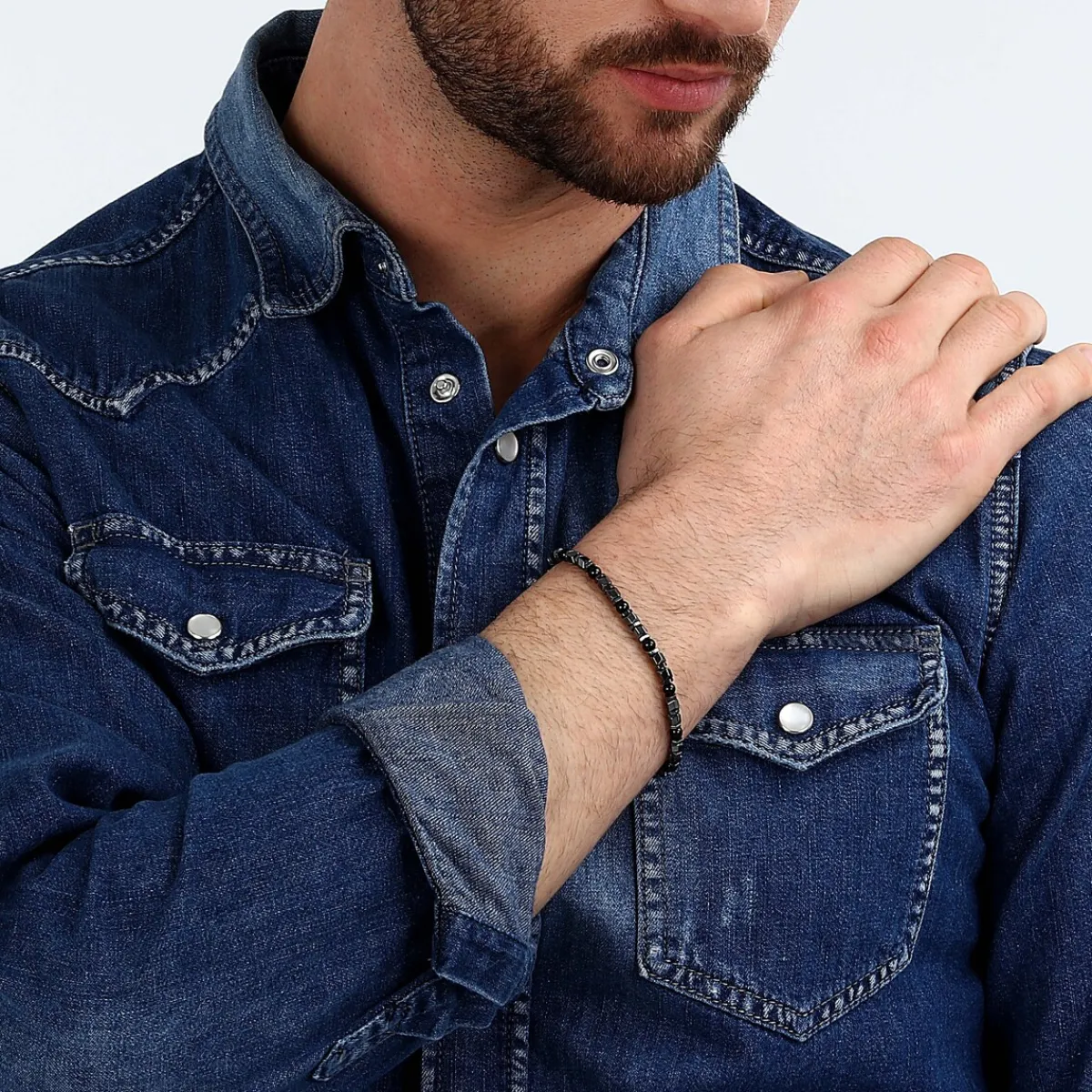 Sector Bracelet en acier et onyx-Homme Bijoux