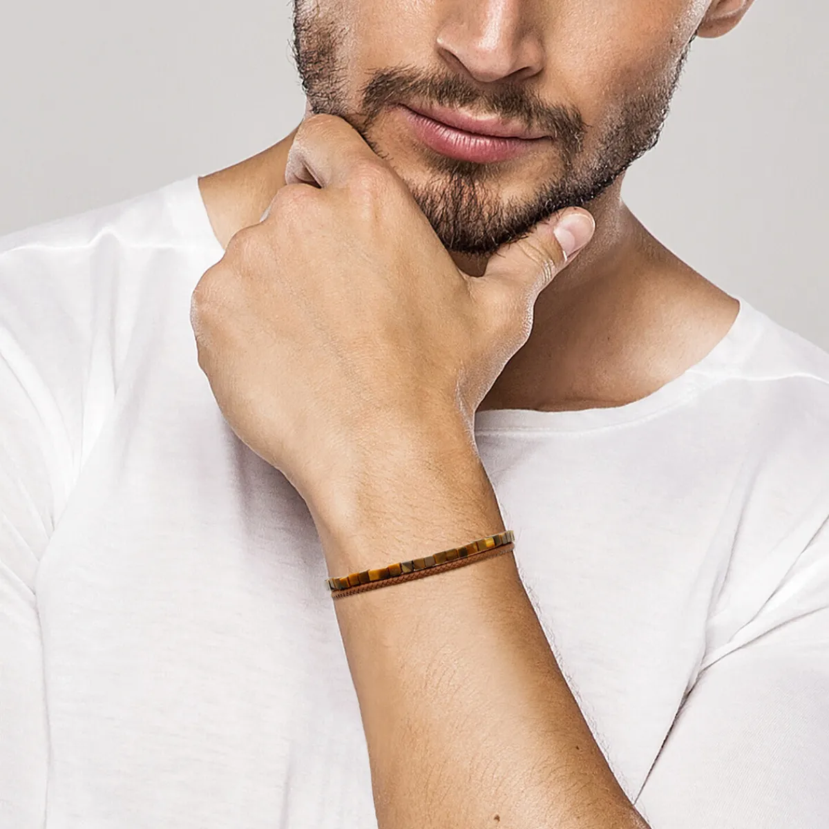 Brillaxis Bracelet homme cuir marron oeil de tigre21cm-Homme Bijoux