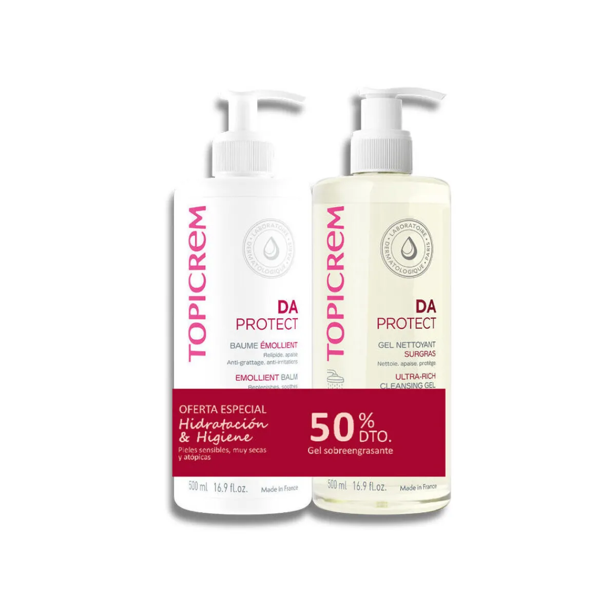 Topicrem Da Protect Baume Émolient 500 Ml + Gel Nettoyant 500 Ml Pack 2-Homme Soins Corps & Bain