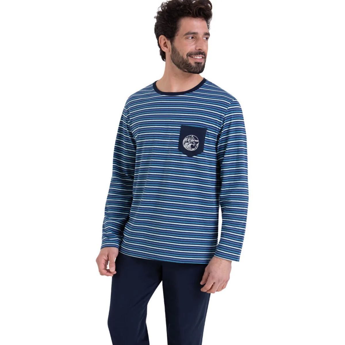 Athena Pyjama long col rond RAYURES WAVES-Homme Pyjamas